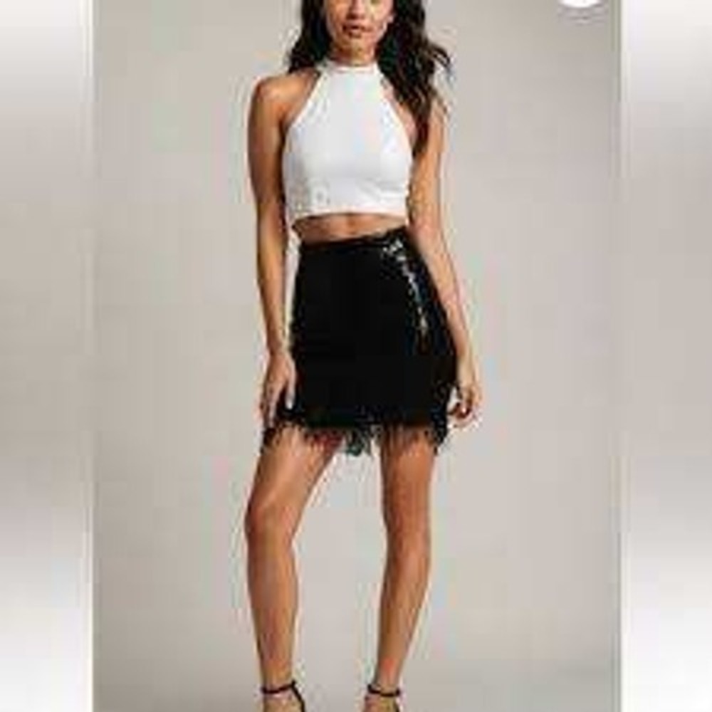 Wildfox Essex Sequin Mini Skirt Large Black Velvet Feather Trim Pull On